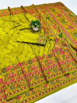 Ethnic Mehndi Nylon Dola Pashmina Saree With Quixotic Blouse Piece