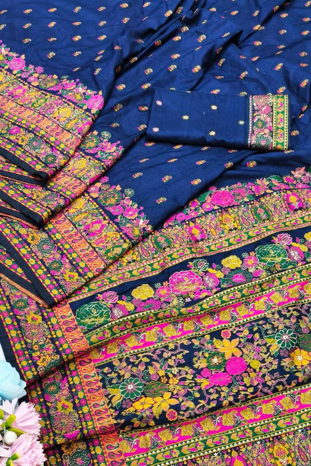 Demanding Navy Blue Nylon Dola Pashmina Saree With Gleaming Blouse Piece
