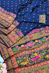 Demanding Navy Blue Nylon Dola Pashmina Saree With Gleaming Blouse Piece