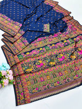 Demanding Navy Blue Nylon Dola Pashmina Saree With Gleaming Blouse Piece