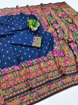 Demanding Navy Blue Nylon Dola Pashmina Saree With Gleaming Blouse Piece