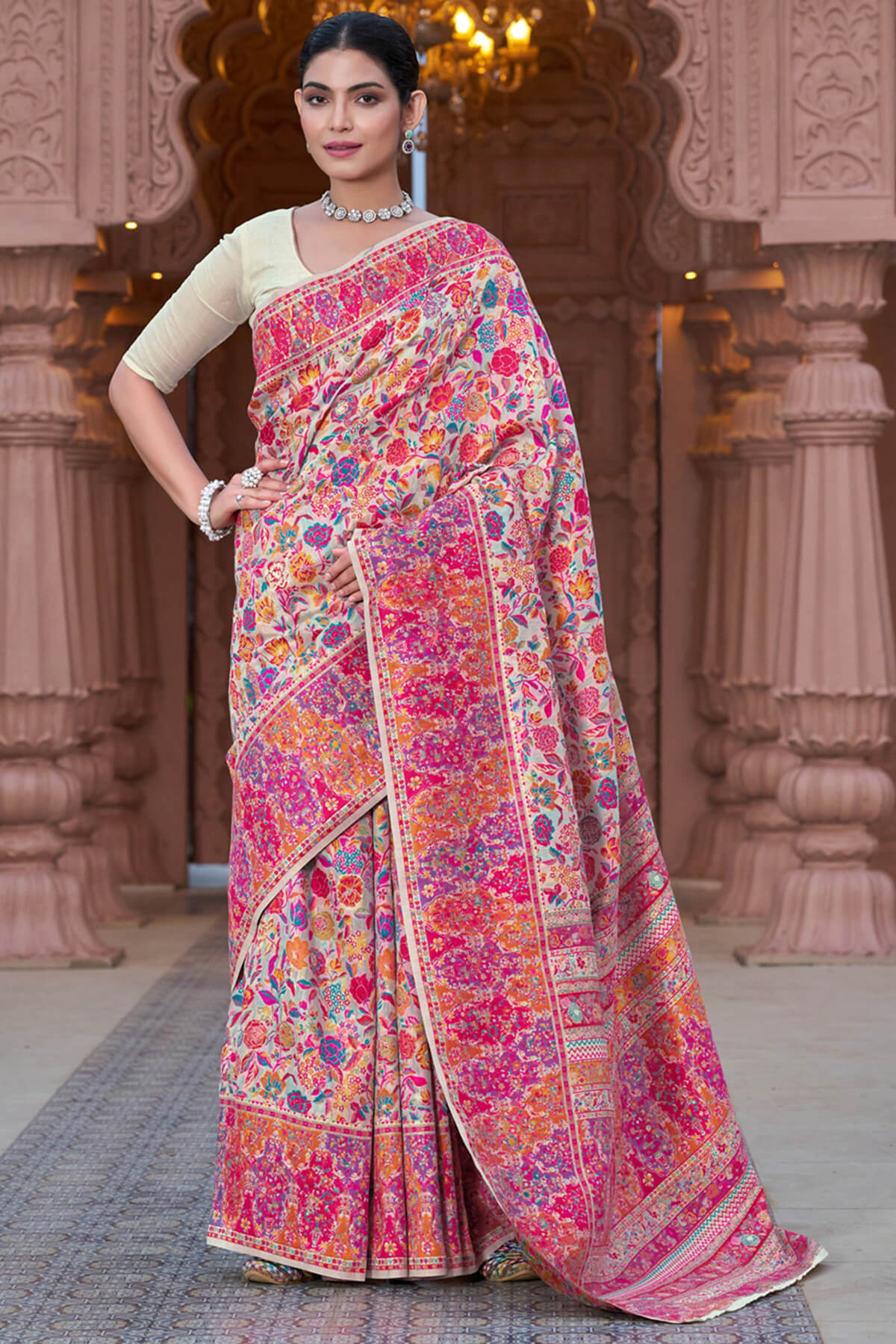 Divine Beige Pashmina Saree With Dulcet Blouse Piece
