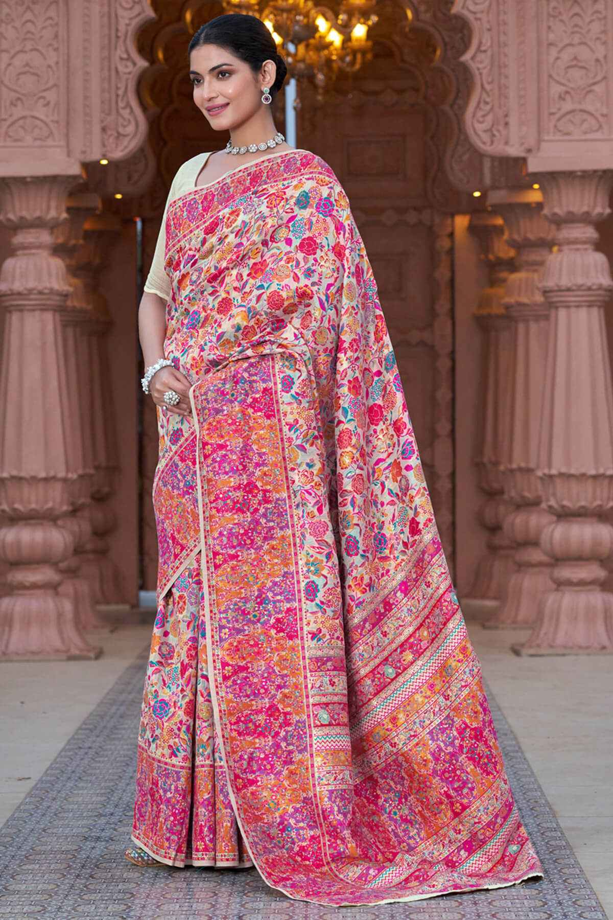 Divine Beige Pashmina Saree With Dulcet Blouse Piece