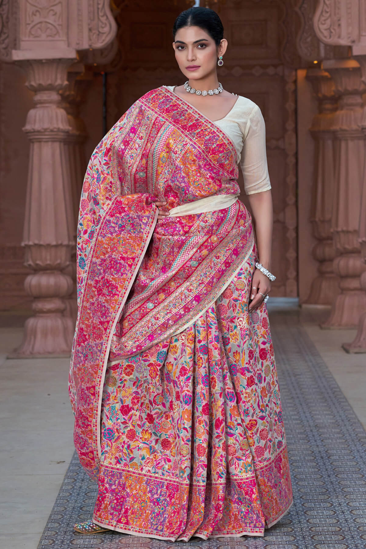 Divine Beige Pashmina Saree With Dulcet Blouse Piece