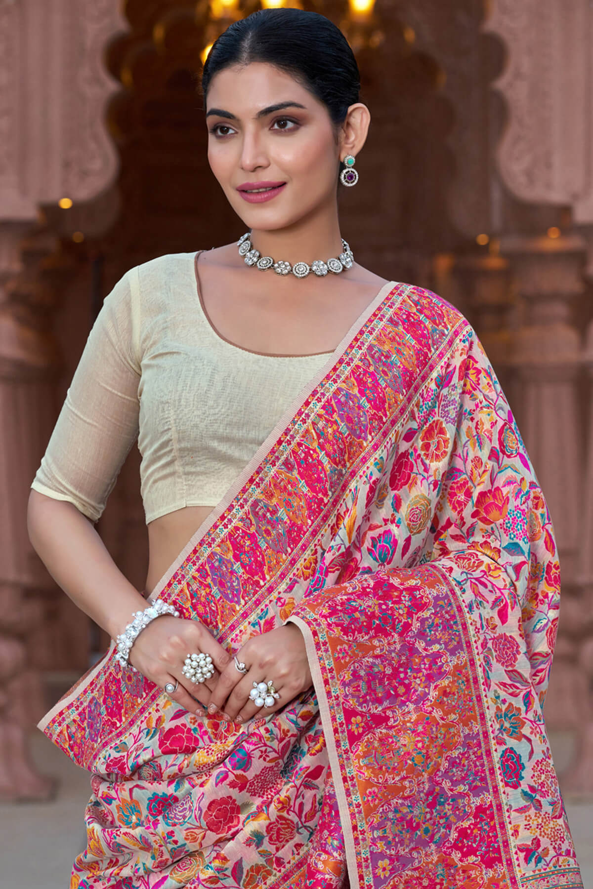 Divine Beige Pashmina Saree With Dulcet Blouse Piece