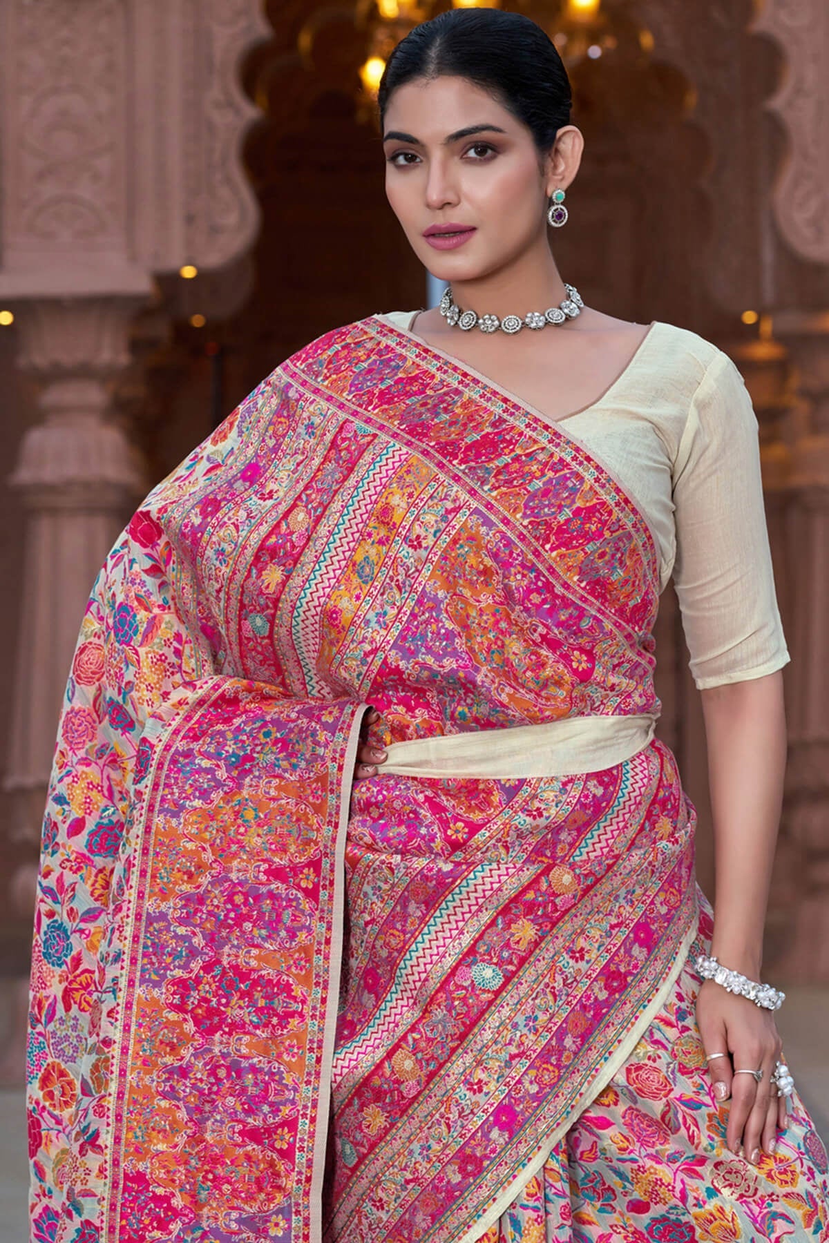 Divine Beige Pashmina Saree With Dulcet Blouse Piece