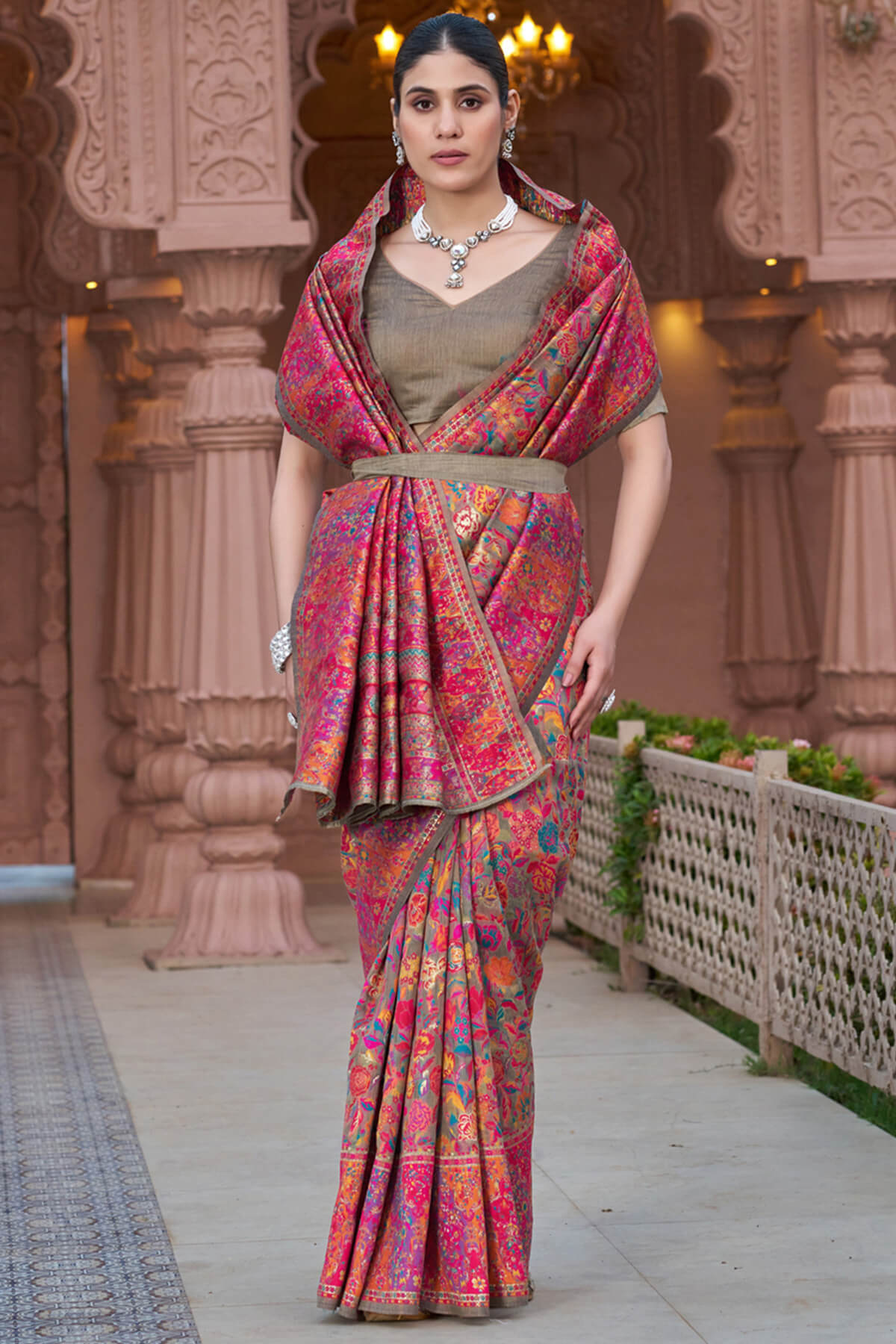 Proficient Grey Pashmina Saree With Elaborate Blouse Piece