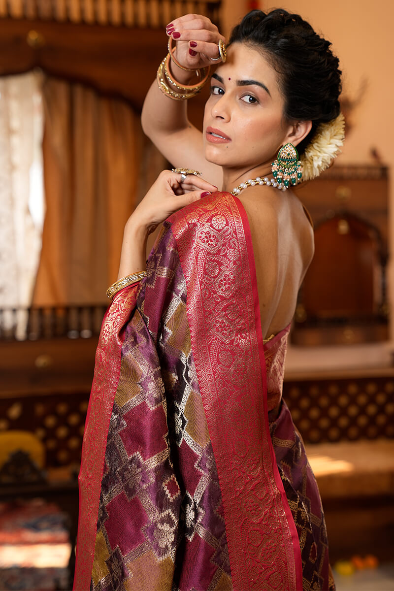 Groovy Purple Organza Silk Saree With Designer Blouse Piece