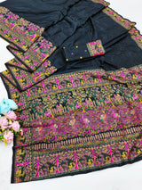 Divine Black Nylon Dola Pashmina Saree With Glowing Blouse Piece