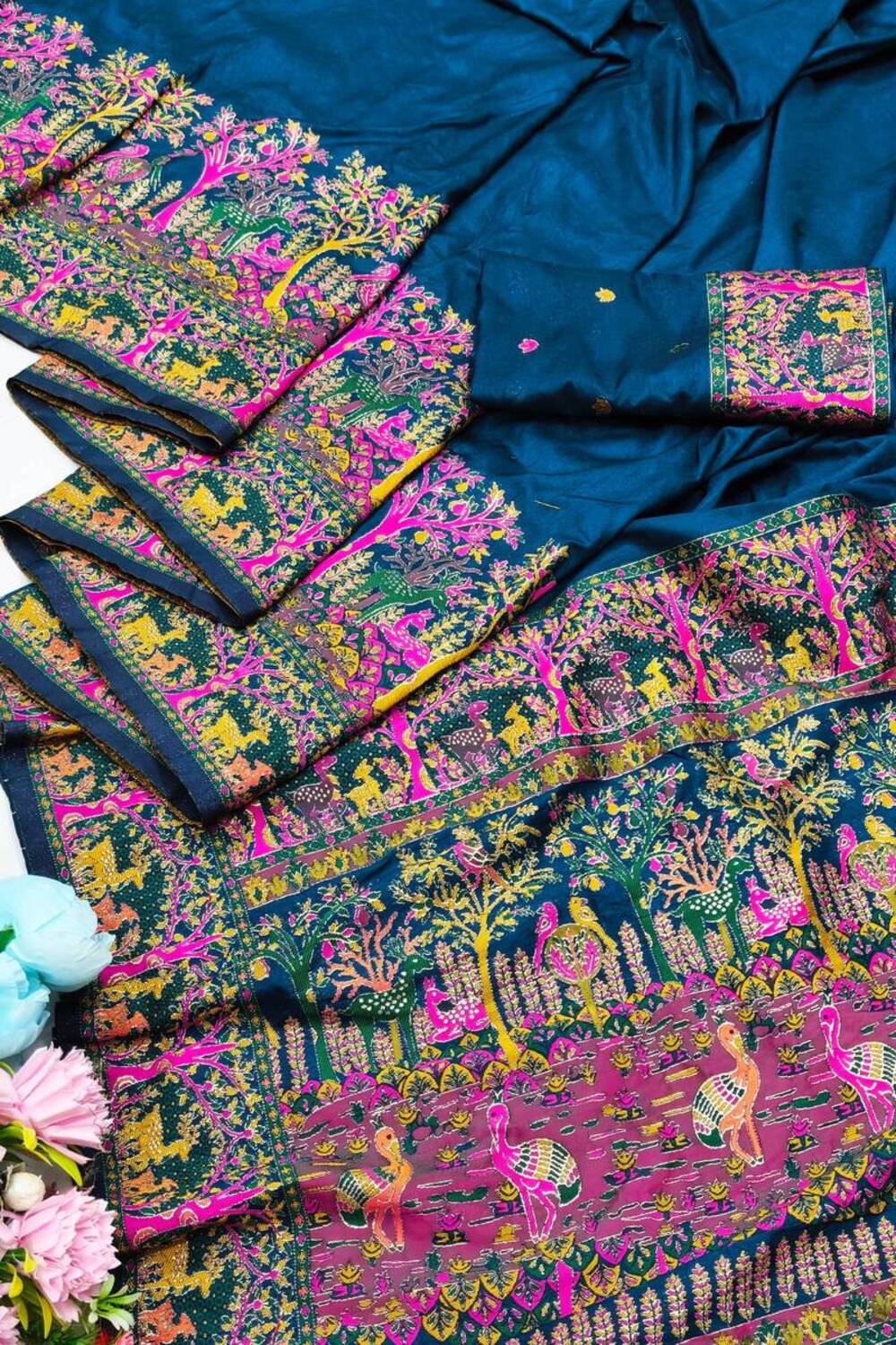 Blissful Blue Nylon Dola Pashmina Saree With Stylish Blouse Piece