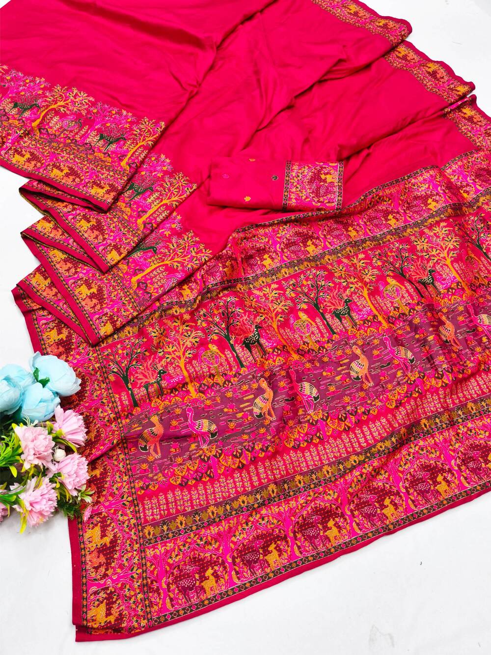 Resonant Dark Pink Nylon Dola Pashmina Saree With Profuse Blouse Piece