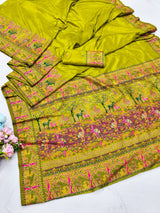 Enamoring Mehndi Nylon Dola Pashmina Saree With Surpassing Blouse Piece