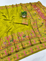 Enamoring Mehndi Nylon Dola Pashmina Saree With Surpassing Blouse Piece
