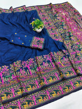 Symmetrical Navy Blue Nylon Dola Pashmina Saree With Propinquity Blouse Piece