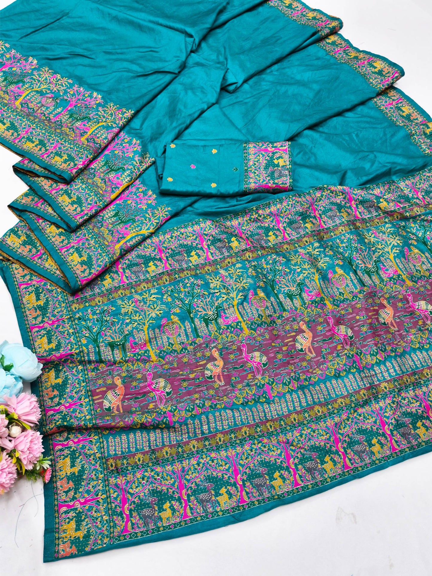 Adorable Rama Nylon Dola Pashmina Saree With Ineffable Blouse Piece