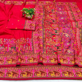 Woebegone Red Nylon Dola Pashmina Saree With Redolent Blouse Piece