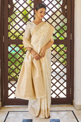 Evocative Beige Kanjivaram Silk Saree With Dissemble Blouse Piece