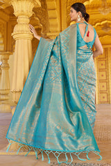 Comely Firozi Kanjivaram Silk Saree With Epiphany Blouse Piece