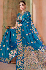 Splendorous Firozi Soft Banarasi Silk Saree With Most Flattering Blouse Piece