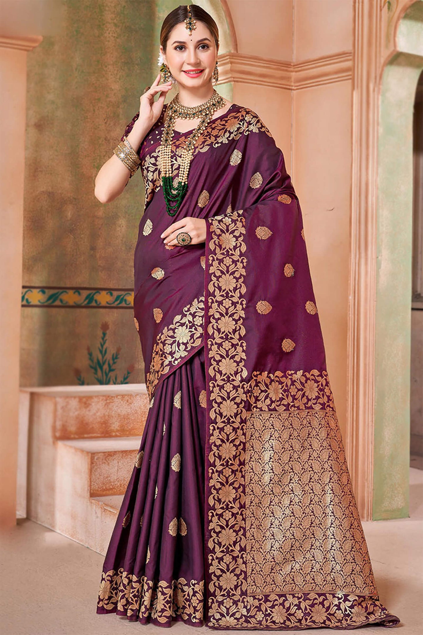 Allure Wine Soft Banarasi Silk Saree With Pleasant Blouse Piece