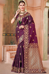 Allure Wine Soft Banarasi Silk Saree With Pleasant Blouse Piece