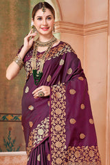 Allure Wine Soft Banarasi Silk Saree With Pleasant Blouse Piece