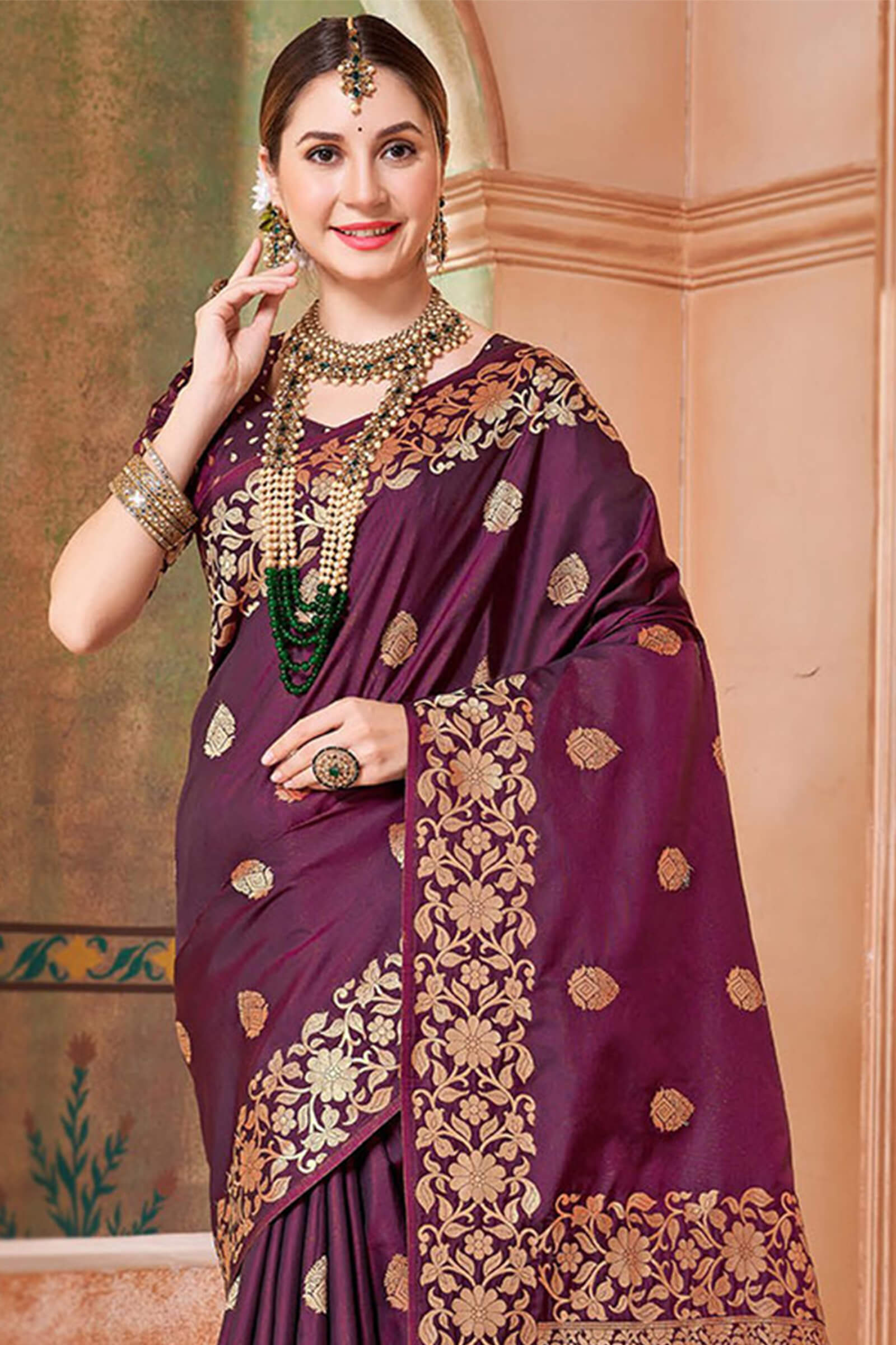 Allure Wine Soft Banarasi Silk Saree With Pleasant Blouse Piece