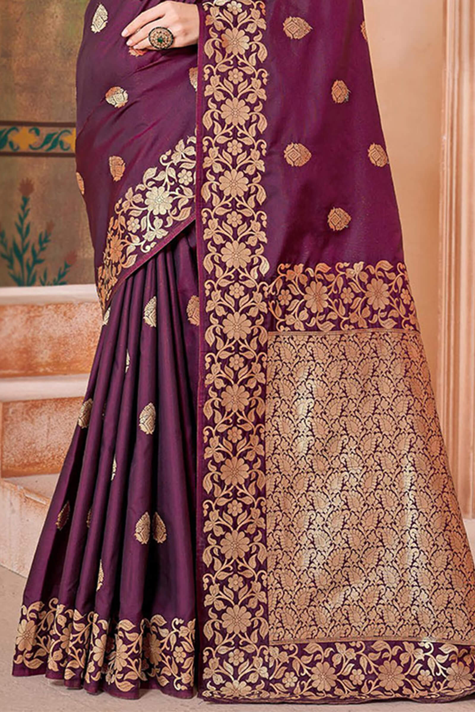Allure Wine Soft Banarasi Silk Saree With Pleasant Blouse Piece