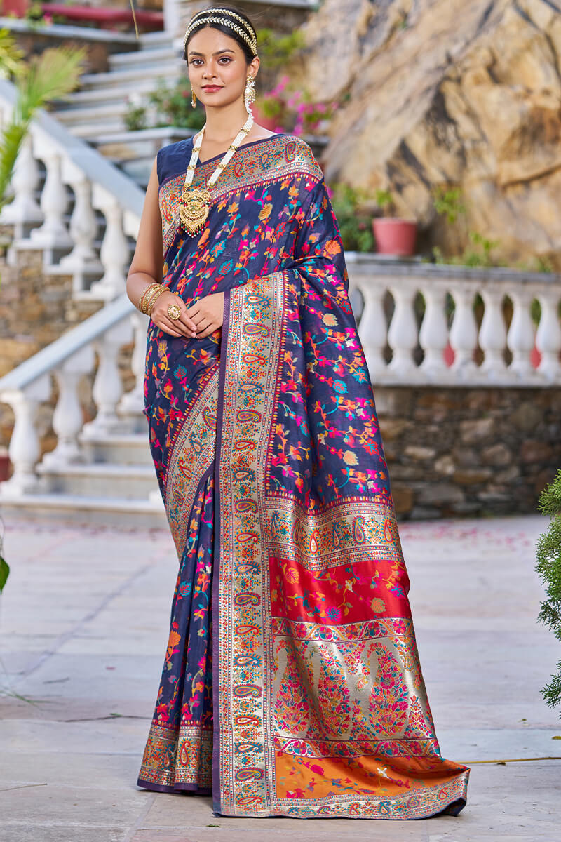 Outstanding Navy Blue Pashmina saree With Snazzy Blouse Piece