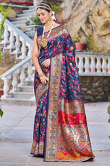 Outstanding Navy Blue Pashmina saree With Snazzy Blouse Piece