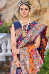 Outstanding Navy Blue Pashmina saree With Snazzy Blouse Piece