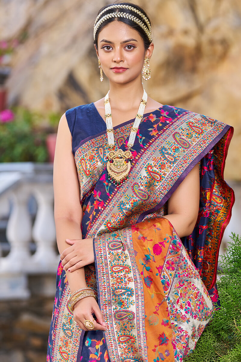 Outstanding Navy Blue Pashmina saree With Snazzy Blouse Piece