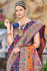 Outstanding Navy Blue Pashmina saree With Snazzy Blouse Piece