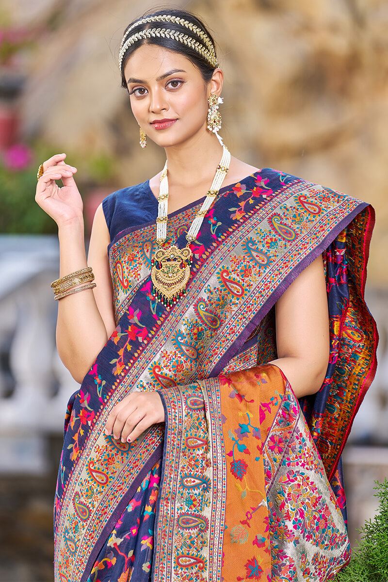 Outstanding Navy Blue Pashmina saree With Snazzy Blouse Piece