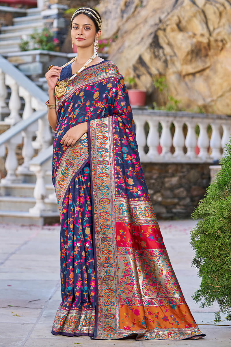 Outstanding Navy Blue Pashmina saree With Snazzy Blouse Piece