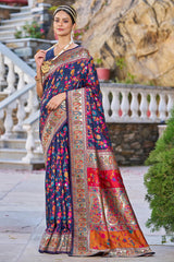 Outstanding Navy Blue Pashmina saree With Snazzy Blouse Piece