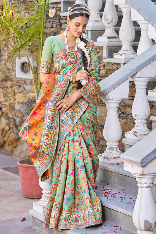 Fugacious Pista Pashmina saree With Efflorescence Blouse Piece