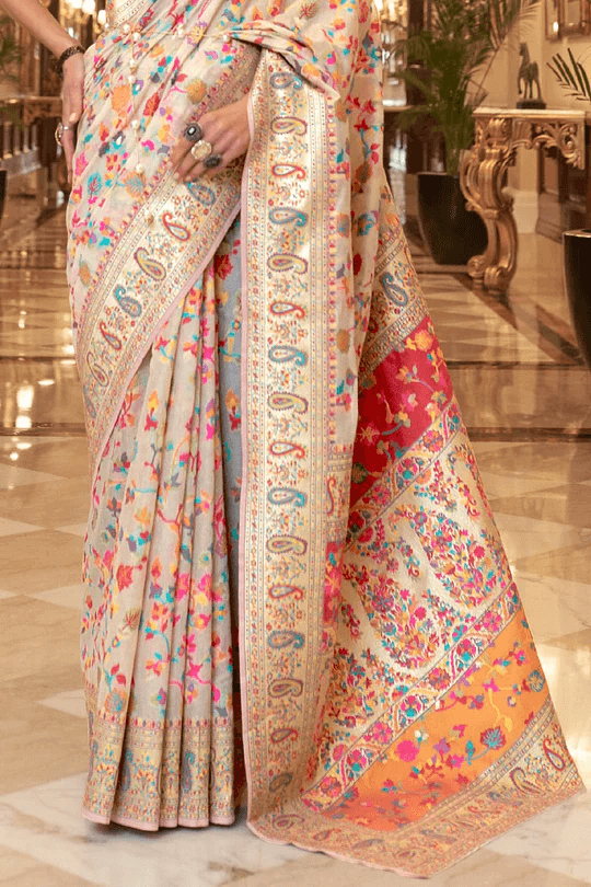 Surreptitious Beige Pashmina saree With Panoply Blouse Piece