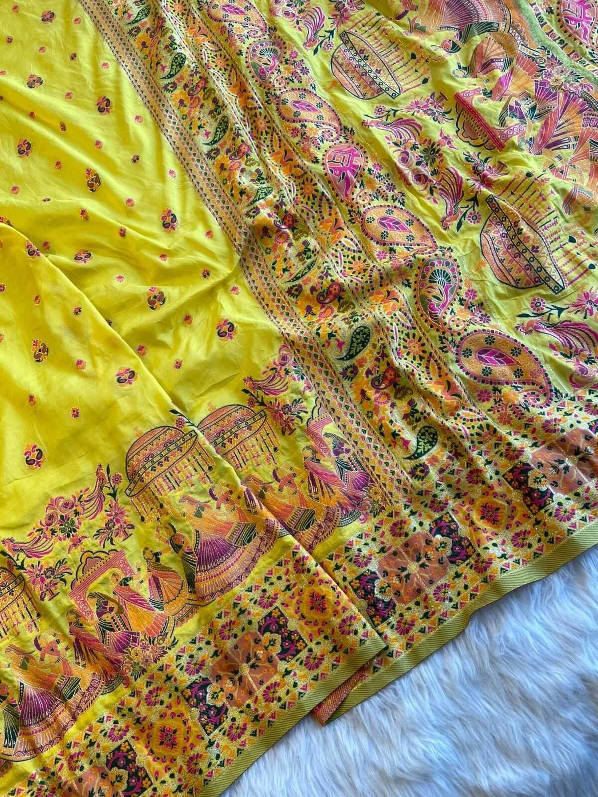 Dalliance Yellow Nylon Dola Pashmina Saree With Alluring Blouse Piece