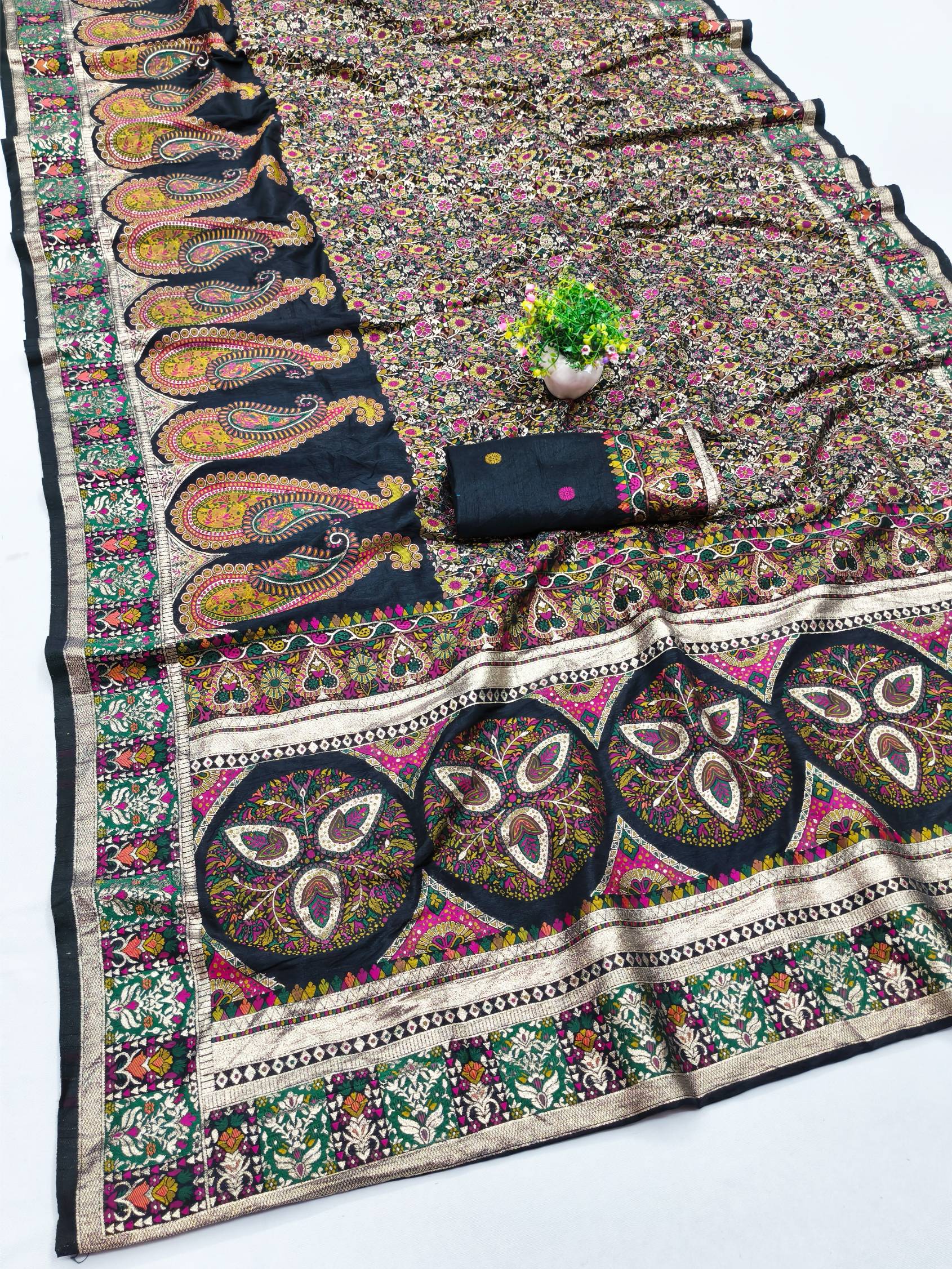 Alluring Black Nylon Dola Pashmina Saree With Fancifull Blouse Piece