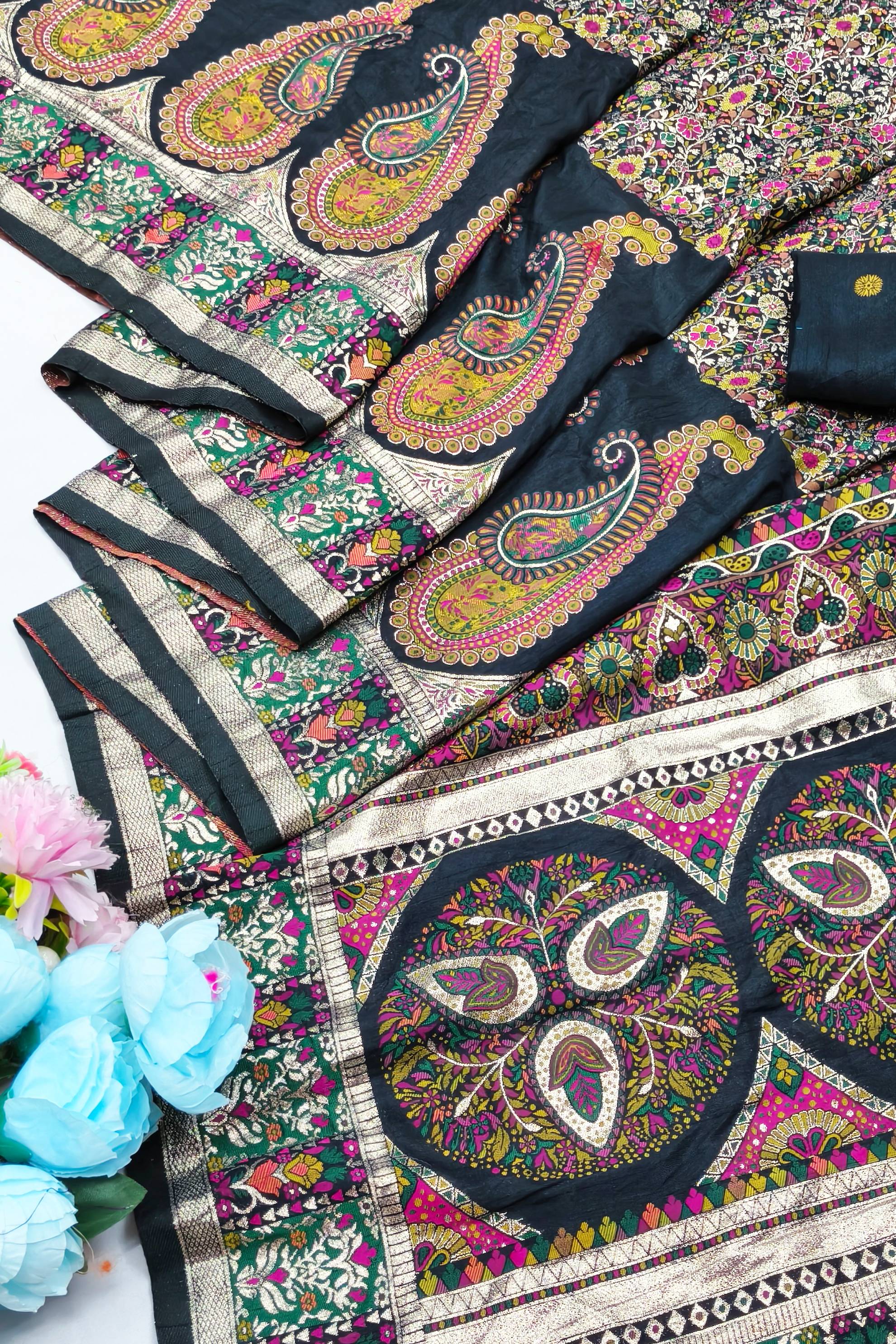 Alluring Black Nylon Dola Pashmina Saree With Fancifull Blouse Piece