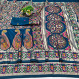 Trendy Blue Nylon Dola Pashmina Saree With Precious Blouse Piece