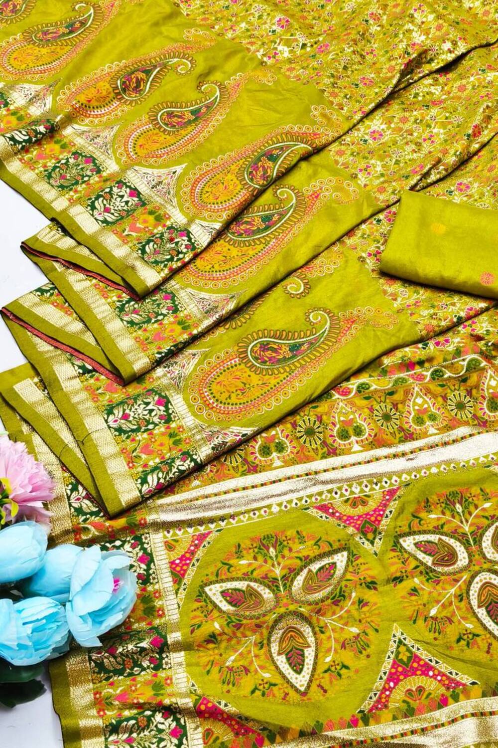 Inspiring Mehndi Nylon Dola Pashmina Saree With Dulcet Blouse Piece
