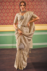 Transcendent Beige Soft Banarasi Silk Saree With Whimsical Blouse Piece
