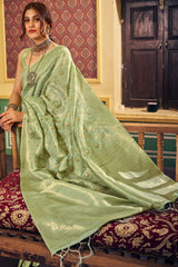 Magnetic Pista Soft Banarasi Silk Saree With Propinquity Blouse Piece