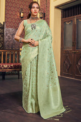Lagniappe Sea Green Soft Banarasi Silk Saree With Comely Blouse Piece