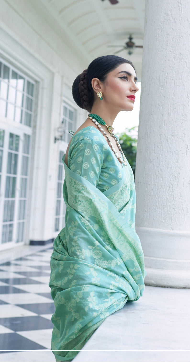 Woebegone Turquoise Lucknowi Silk Saree and Inspiring Blouse Piece