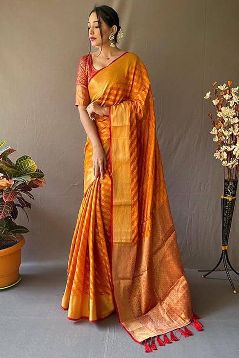 Zephyr Mustard Soft Banarasi Silk Saree With Ephemeral Blouse Piece