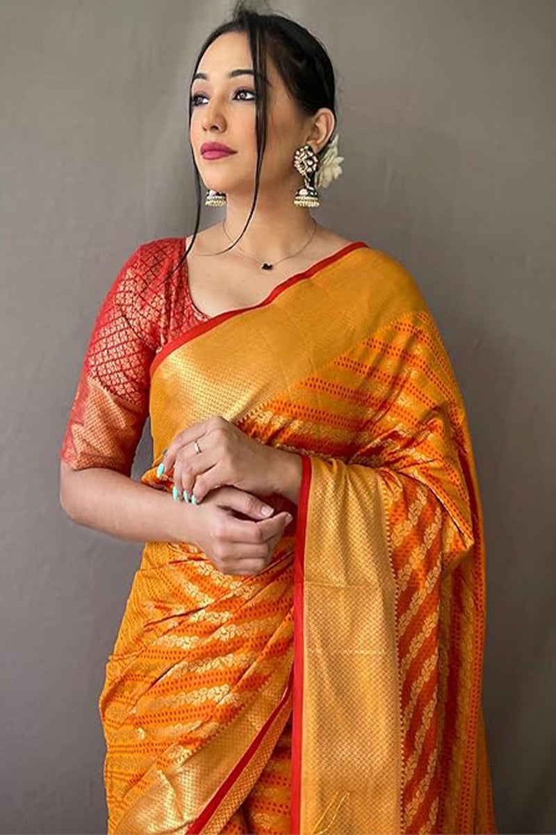 Zephyr Mustard Soft Banarasi Silk Saree With Ephemeral Blouse Piece