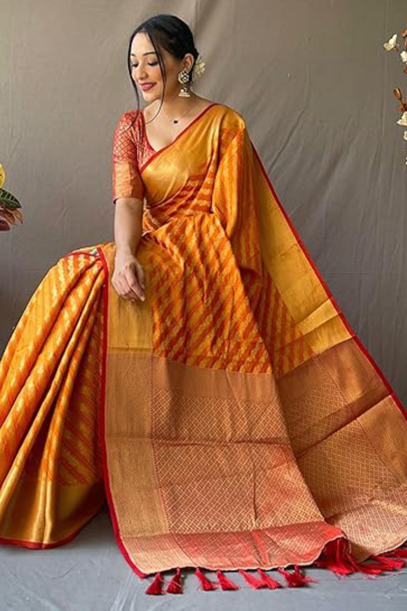 Zephyr Mustard Soft Banarasi Silk Saree With Ephemeral Blouse Piece